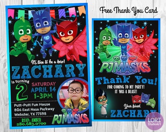 PJ Masks Invitation with Free Thank You Card, PJ Masks Invitation,Birthday Party,Masks Party,Printable Invitation, Digital Invitation