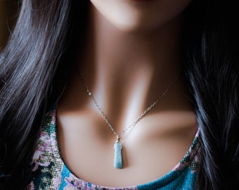 Raw Aquamarine slice pendant | Sterling Silver Aquamarine rectangle necklace | Long Aquamarine pendant | Natural Aquamarine jewellery