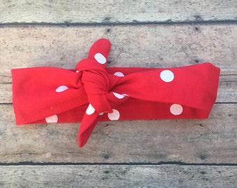 Red Tie Knot - Tie knot headband - top knot headband - baby girl headband - one size - knot headband - polka dot headband - red headband