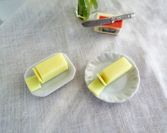 Miniature BUTTER Stick on White Ceramic Plate - Round or Rectangle - 1:6 Scale Polymer Clay Realistic Miniatures for Fashion Dolls & Figures