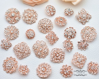 24 Rose Gold Brooch Lot Assorted Rhinestone Button Pin Wedding Brooch Bouquet Brooch Button Mixed Crystal Bridal Hair Cake Shoe Sash DIY