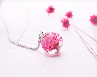 Real daisy necklace Real flower necklace Terrarium necklace Botanical necklace Pink daisy glass resin necklace Mother's day gift