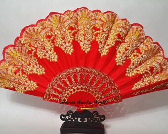 Hand Fan, Spanish folding fan, Red and Golden, Dancing fan