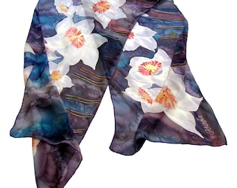 Blue Silk scarf Narcissus Hand painted silk scarf. Narcissus Floral silk neck scarves. Handpainted silk, Summer scarf