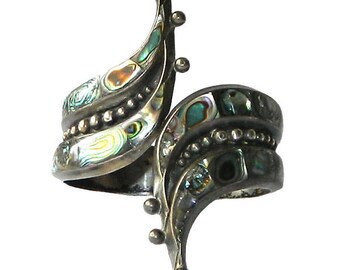 Vintage Mexican Sterling Silver Abalone Clamper Bangle Bracelet