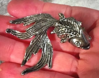 Vintage Swimming Fish/Black Moor Brooch - extra long tail and crystal eyes - c1950