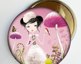 Pocket mirror 'Forest mushrooms' pink background, accessory bag girl