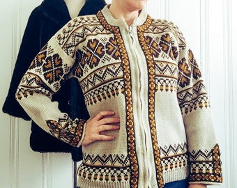 1960's Vintage Gann Sportys Pure Wool Nordic Knit Cardigan Sweater Jumper Pullover Large Extra Large 12 - 16