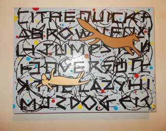 Over The Lazy Dog Original Painting MCM Inspired Kids Room Writer Text Fox
