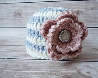 Beanie with flower, Baby girl hat with flower