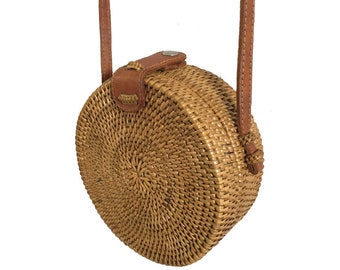 Handwoven Small Bali Round Rattan Beach Bag with Button Clip