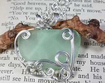 Seafoam Seaglass Pendant Silver Wire Wrapped