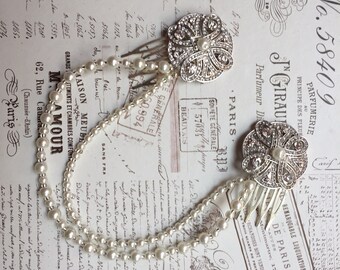 Bridal hair chain - Pearl Hair chain headpiece - Art Deco Headpiece - Bridal hair jewellery - 1920's Dress - Bridal headpiece