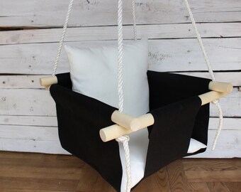Black Swing for baby with white pillow linen Swing for toddler indoor outdoor swing for kids First birthday gift for girl or boy
