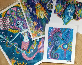 Mermaid Ocean Visionary Watercolor Art Print Pack