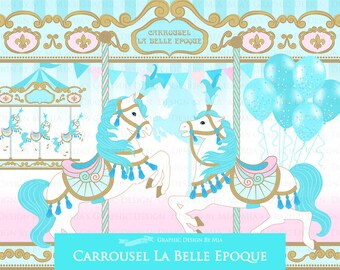 Carousel, Merry Go Round, Blue, Carousel Digital, Paris, Carrousel La Belle Epoque Clip Art - Instant Download - CA153
