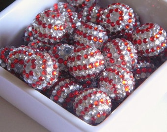 Red and White 20mm Rhinestone 10 Piece Candy Cane Beads with Stripes for Girls Womens Bubble Jewelry Necklace Bracelet Christmas and Holiday