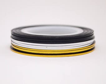 Striping tape in gouden, zilveren en zwarte kleuren / zelfklevende nagel nagel kunst tape / 1 mm nail striping tape / folie Nail / Nail art supplies