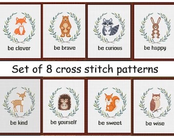 Cross stitch pattern baby nursery animals /Set of 8/ Baby cross stitch pattern woodland animals Cross stitch pattern modern for girl, boy