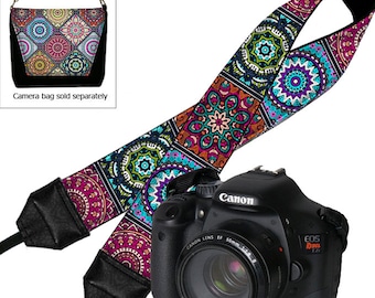 DSLR Camera Strap, Padded Camera Strap, Nikon Camera Strap, Canon Strap, Camera Accessories, Bohemian Colorful blue purple orange RTS