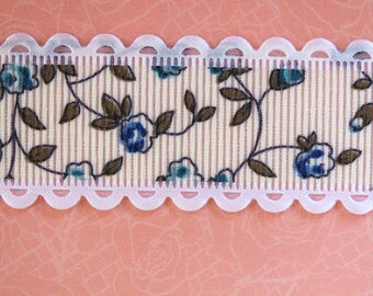 1 meter Ribbon green white stripe flowers