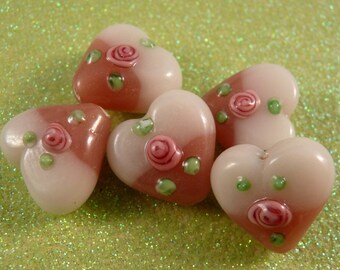 Lampwork Beads Heart Beads Pink Beads Glass Beads Pink Lampwork Beads Pink Hearts Flower Beads White Beads Green Beads