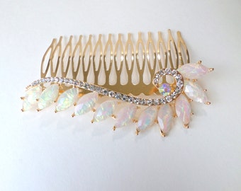 Opal Hair Comb Large Gold Crystal Opal Hair Comb Wide Opalite Hair Accessory Crystal Hair Accessory Decorative Hair Comb