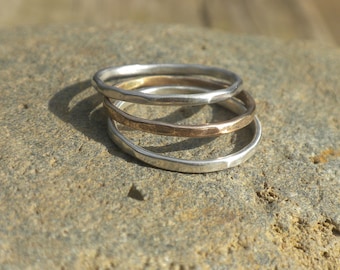 Slim Stacking Ring Set in Sterling Silver and 14k Goldfilled, Hammered, Ring Set, Sterling, 14k Goldfilled