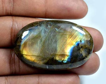 Natural Flashy 46x29x8 mm Natural Labradorite Cabochon/Striped Light Blue Yellow Flash/Fine Quality Gemstone 109 cts