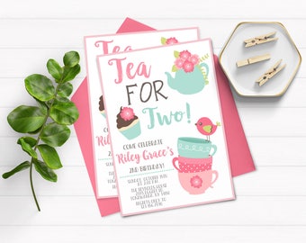 Tea for Two Invitation, Tea Party Invitation, 2nd Birthday Invitation, Tea for 2, Tea for Two Birthday, Digital, Printable Invitation