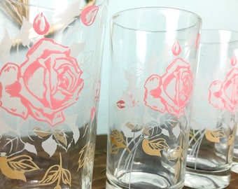 Vintage Pink, White, and Gold Painted Rose/ Flower/ Floral Drinking Glasses Set of 4