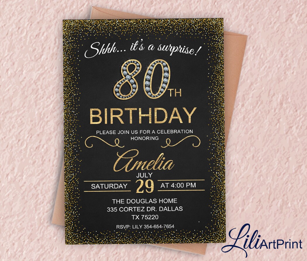 80th Birthday Invitation Gold & Diamond Women Birthday