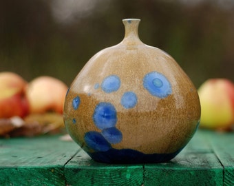 Round shaped porcelain pottery bottle with crystalline glaze with blue crystals and thin neck,ceramic art home decor, christmas gift.