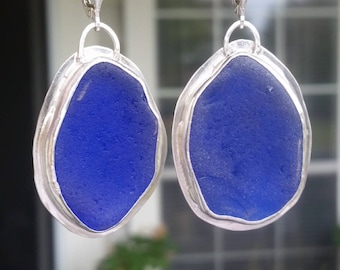 Huge Cobalt Blue Sea Glass Earrings. Genuine Sea Glass and Sterling Silver Earrings. Handmade Bezel Set Sea Glass Sterling Silver Earrings.