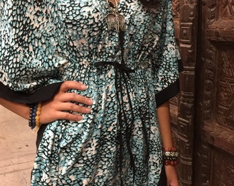Womens Evening Caftan Dress Boho Chic Gypsy Resort Wear Cover Up Comfy Short Kaftan Dress L