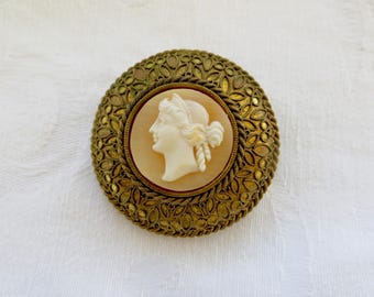 Antique Cameo Brooch Brass Cannetille Setting Shell Cameo Pin Victorian Cameo Jewelry Left Facing Cameo
