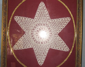 Vintage Framed Hand-Tatted Lace Star Very Delicate and Beautiful 13 1/2 x 17 1/2 Overall Ships FREE
