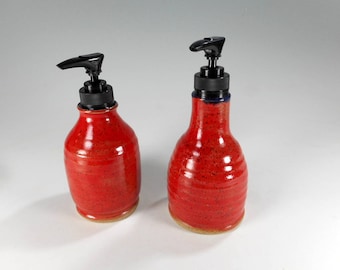 Ceramic soap and lotion set pump dispensers, ceramic lotion pump, pottery pump dispenser, stoneware soap dispensers red glaze set of 2