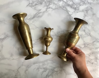 Set of Three Solid Brass Vases / Brass Vases / Set of Brass Vases / Brass Vase Collection