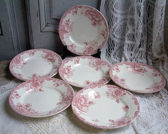 Set of 6 antique french transferware small plates. Red transferware dessert plates. Antique ironstone transferware. Romantic home decor.