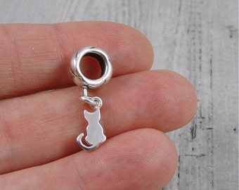 Tiny Cat Silhouette European Dangle Bead Charm - Sterling Silver Cat Charm for European Bracelet
