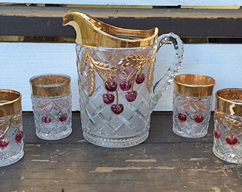 EAPG Cherry Lattice Pitcher and Tumbler Set