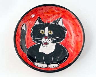 Tuxedo Cat Ceramic Feeding Dish - Pet Feeding Bowl - Black White - Majolica Pottery - Shallow Clay Bowl - Water Dish, Food Dish, Pet Gift