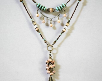 Two-Strand Bohemian Turquoise and Peach Sunstone Necklace, Boho Necklace, Dangling and Cascading, Bugle Bead Necklace, Feather Necklace