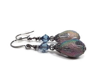 Crystal Teardrop Earrings, Lever Back Hook, AB Multi Color Holo Holographic, Gunmetal Plated, Vintage Style, Screw Back