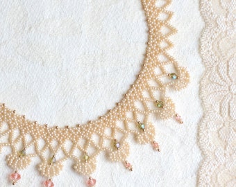 Queen's Anne Lace Necklace, Dark Pearl White Delicate Beaded Necklace, Lace Collar Necklace