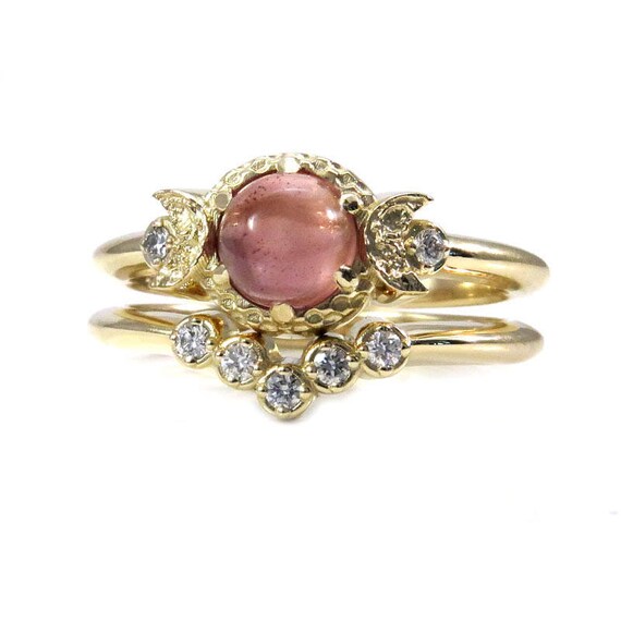 Moon Engagement Ring Set - Oregon Sunstone and Diamonds with a Diamond Chevron Wedding Band