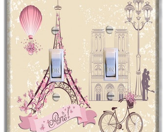 Paris Eiffel Tower Hot Air Balloon Pink Light Switch Plate Cover Girls Nursery Decor Pattern Print