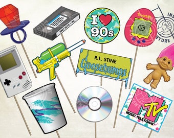 I Love The 90s Photo Booth Props - Digital Download -Printable 1990s Nostalgia Retro Gameboy Troll MTV CD Ringpop Vintage Party Decoration