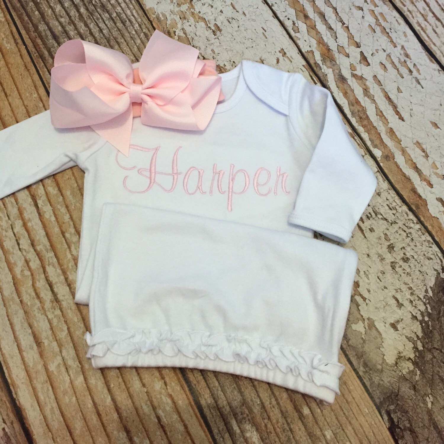 Monogrammed gown and bow baby girl coming home outfit